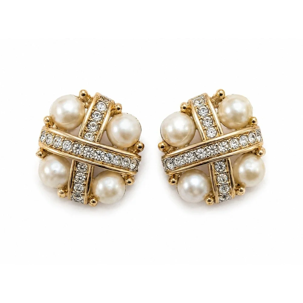 Vintage Signed Napier Faux Pearl & Rhinestone Clip-On Earrings – Gold Tone